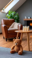 Obraz premium Warm interior setting with leather armchair, lit candles on a table, teddy bear slippers on a rug, and fireplace in the background