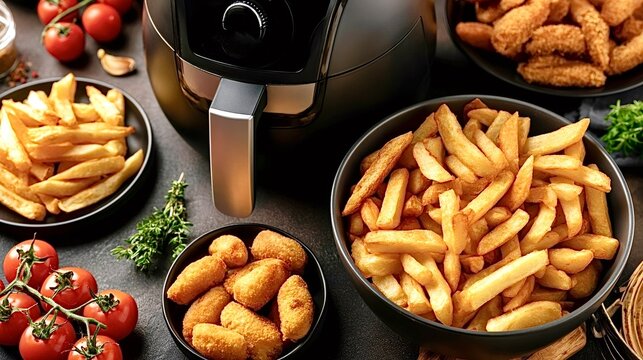 Air fryer cooking various snacks with french fries