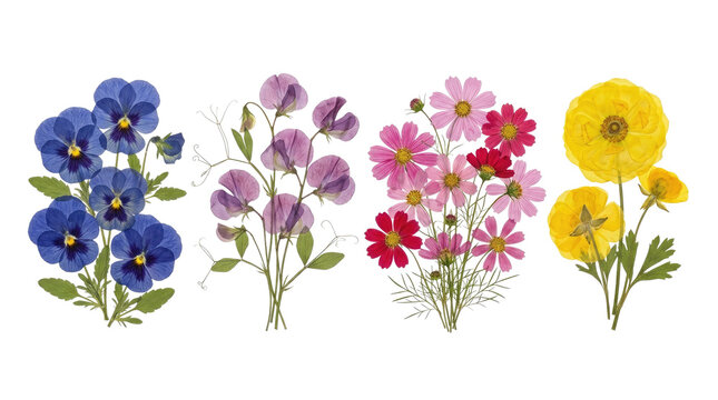 Four botanical flower arrangements pansies sweet peas cosmos and anemone isolated on transparent background