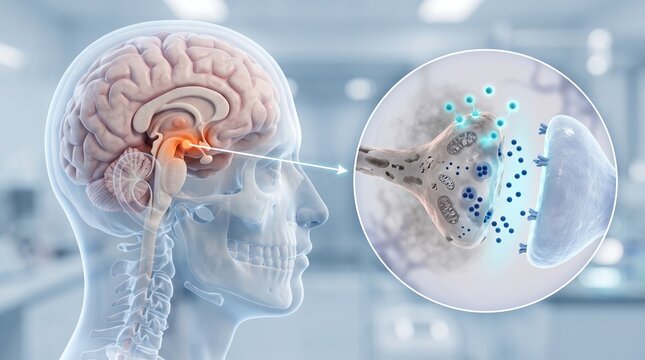 3D medical illustration of Parkinson's disease brain scan. Transparent human head showing neural degeneration and dopamine neuron research.