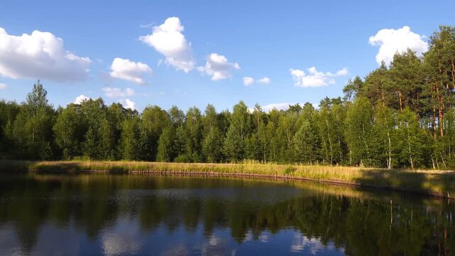 4K Calm Lake Reflection Blue Sky White Clouds Green Forest Daytime Sunlight Nature Landscape