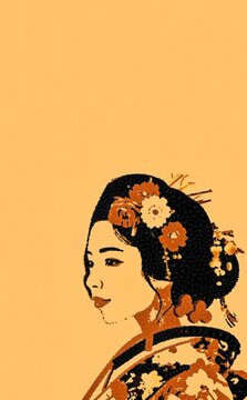 Beautiful vector illustration of a traditional Japanese geisha woman with floral hair ornaments, stylized in warm orange and brown tones. Vintage ukiyo-e inspired artistic design.