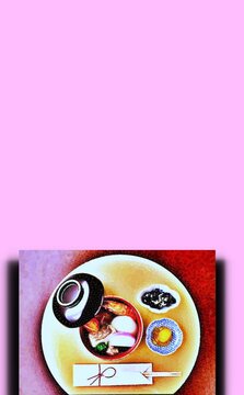 Asian a round plate. Top view of a stylized Japanese and China artistic cultural meal with a pink background.