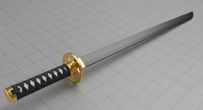 Traditional Japanese Katana Sword with Golden Guard and Black Wrapped Handle on a Grid Surface 3D Render