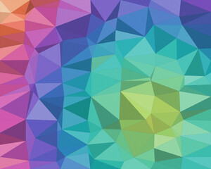 Fototapeta premium A vibrant geometric low-poly pattern blends purple, blue, and green triangles, creating a modern tech look with calm, creative energy for banners and web headers.