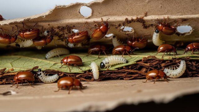 Close-up of reddish beetles and larvae crawling on and under torn cardboard and leaves