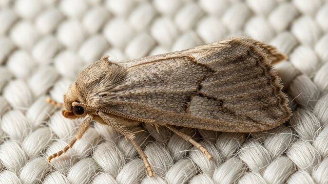 Close-up of a moth with intricate wing patterns resting on a woven, light-colored surface