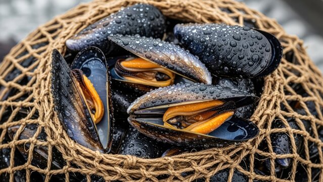 Close-up of fresh mussels in a netting basket, glistening with water droplets