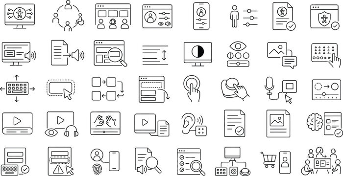 Digital Accessibility, Inclusive UX and Assistive Technology Outline Icon Set
Collection of 40 digital accessibility and inclusive UX outline icons featuring assistive technology, screen readers, keyb