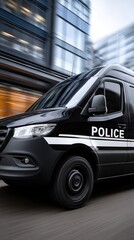 Fototapeta premium Police van moves swiftly through the city streets with a blurred background, capturing a moment of action in urban life