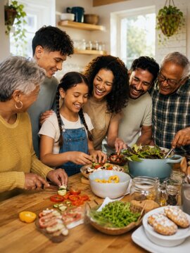 Mehrgenerationenfamilie bereitet gemeinsam frisches Essen in einer hellen K&uuml;che zu. Authentischer Moment voller Freude, Zusammenhalt und generations&uuml;bergreifender Gemeinschaft.