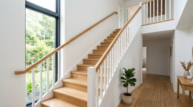 A modern, minimalist staircase with wooden treads and white balusters, leading to a second floor with a large window overlooking a garden.