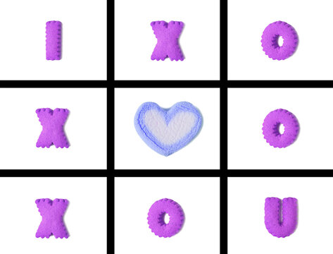 Lavender Typography of I LOVE U in Tic Tac Toe Game made with alphabet shaped cookies and marshmallow on transparent background, png file