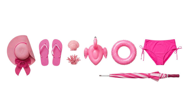 Pink summer essentials collection isolated on transparent background beach and pool accessories