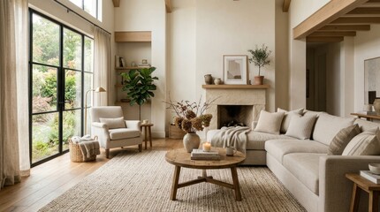 Fototapeta premium A cozy living room with a beige sofa, white walls, and a fireplace. The room has a wooden floor and a large window with a view of a garden.
