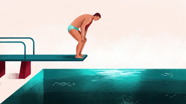 An athletic person in a swimsuit standing at the edge of a high diving board, looking down at the deep blue pool water in anticipation before a jump.