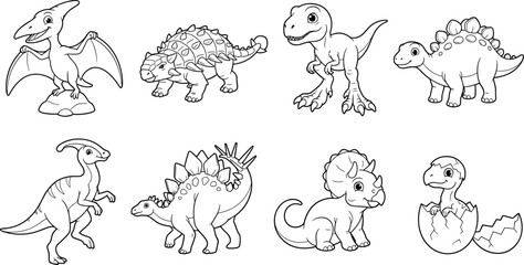 Cute Cartoon Dinosaur Line Art Vector Set with Prehistoric Animals and Baby Hatchling Characters © MD MIJANUR