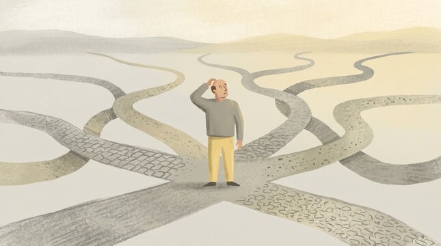 A thoughtful person standing in the middle of a vast desert where multiple winding roads diverge, facing a difficult life choice or career direction.