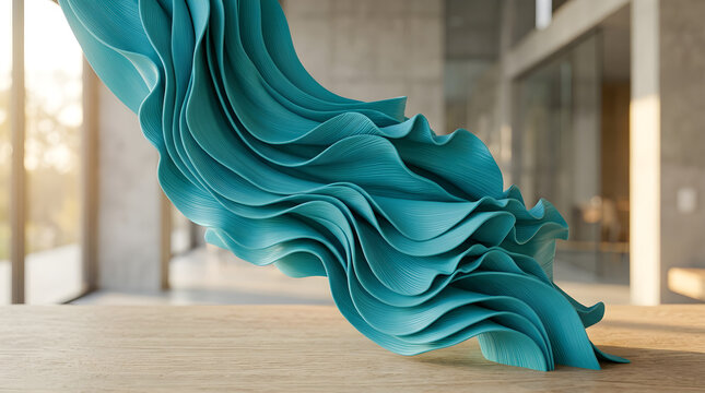 8k commercial render of vibrant turquoise matte plastic cascading in soft, wavy layers, detailed with fine textured lines and elegant ruffles under warm daylight.