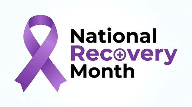 National recovery month purple awareness ribbon design with recovery, addiction