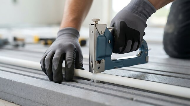 Professional construction worker securing radiant floor heating pipe with a manual staple gun tool