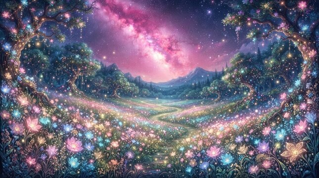 A magical landscape unfolds beneath a vibrant, swirling galaxy. Ancient trees with glowing branches frame a winding path through a field of luminous 