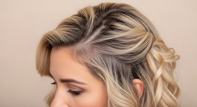 Cropped image showcases a side view of styled blonde hair with curled ends