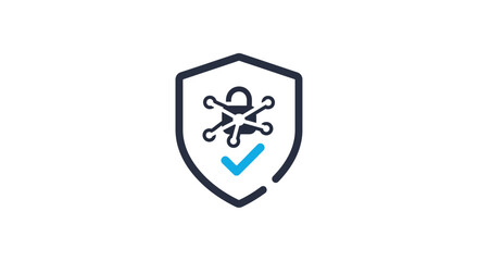 Cybersecurity shield icon with atom core and checkmark. © fina