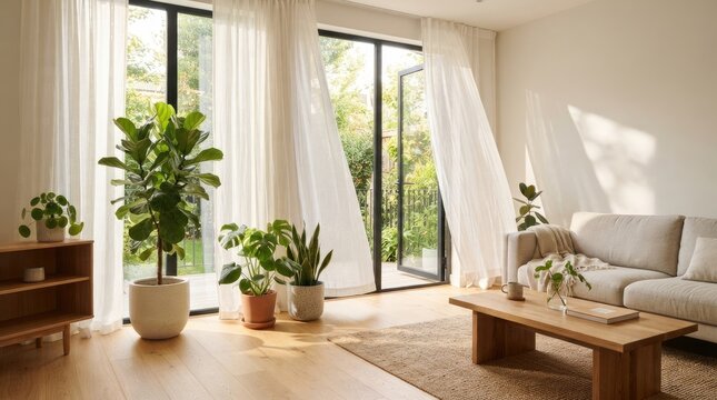 Sunlight streams into a bright, airy living room. A large gray sofa sits against a light wood floor, complemented by a woven rug. Sheer white curtains 