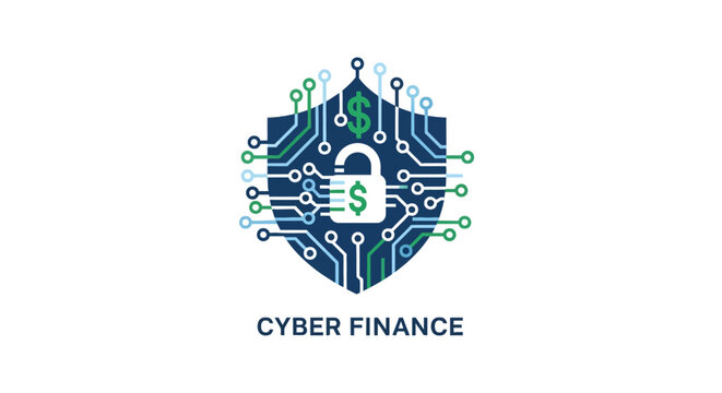 Cyber finance security logo with lock and circuit.