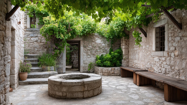 Wooden Benches in an Old Rustic Courtyard Setting
