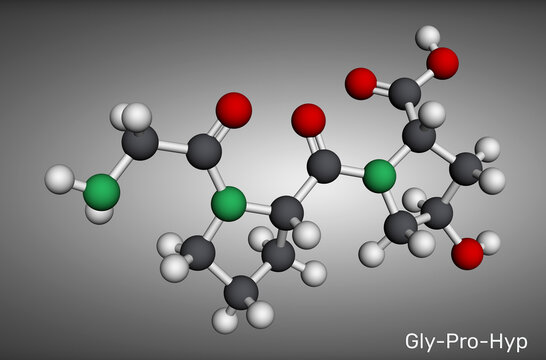 Glycyl prolyl hydroxyproline amino acid chain, Gly-Pro-Hyp molecule. Tripeptide-29, collagen peptide sequence, anti-aging skincare ingredient and organic compound. Molecular model. 3D render