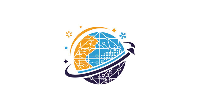 Digital world globe with rising technological arrow symbol.