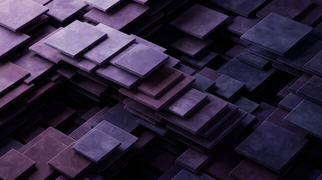 Ultra-realistic 8k abstract composition of staggered violet geometric square plates, creating a sleek modern technology background with rich volumetric shadows and a soft velvet finish.