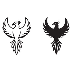 Naklejka premium Phoenix bird vector icons with spread wings in outline and solid silhouette styles for branding and heraldry