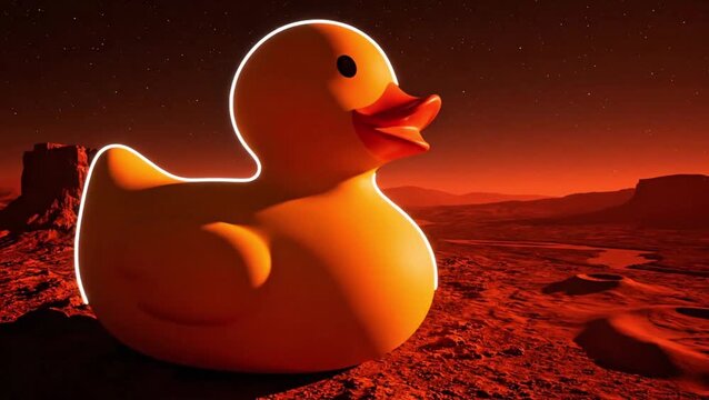 A bright yellow rubber duck sits on a desolate red Martian landscape under a fiery sky with rocky formations.