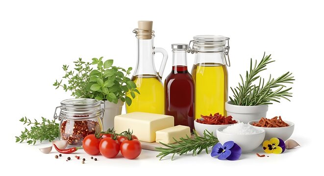 Culinary still life of herbs, spices, oils, tomatoes, butter, and garnishes