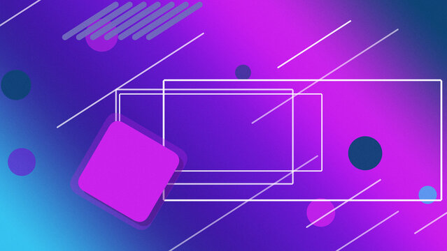 Abstract neon UI elements show a rectangular window and a floating pink tag, creating a futuristic tech mood on a vibrant purple gradient backdrop with space for text.