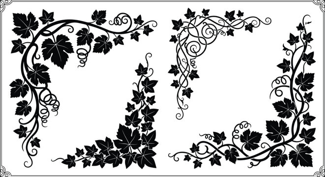 Black grape vine and ivy leaf corner borders collection vector illustration isolated on white background
