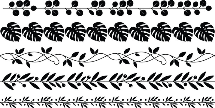 Botanical Seamless Border Set Featuring Monstera Leaves Vines and Floral Branches Silhouette Vector Illustration