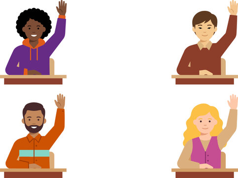 Students raising hands in classroom scene for education illustrations