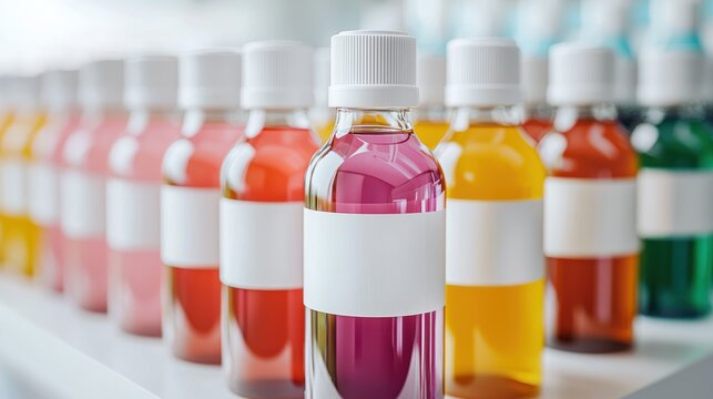 Bottles of e-liquid with colorful labels
