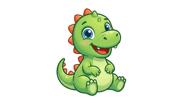 Cute cartoon baby dinosaur sitting and smiling. Adorable green hatchling with happy expression for kids design projects.