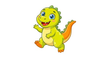 Fototapeta premium Cute cartoon baby dinosaur waving and smiling. Playful green dinosaur mascot character for kids' branding and animations.