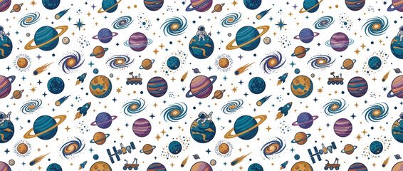 Space Pattern: Planets, Galaxies, Astronauts, Rockets, and Stars Seamless Background © Tora