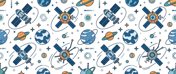 Space Satellite Seamless Pattern: Planets, Stars, and Satellites in Orbit © Tora
