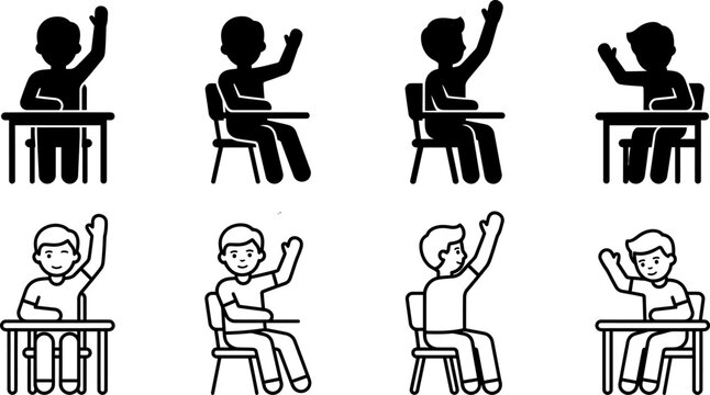 Students raising hands in classroom silhouettes and illustrations