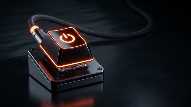 A futuristic power button device with glowing orange accents and a braided cable. This conceptual technology piece evokes a sense of control and innovation