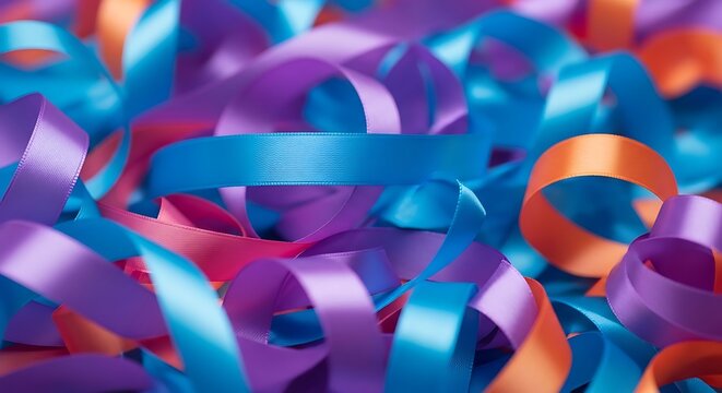 Curled ribbons in vibrant blue, purple, pink, and orange fill the frame. Close-up, shiny texture