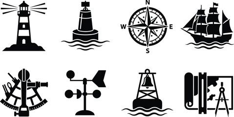 Nautical navigation equipment icon set featuring lighthouse compass sailing ship buoy and sextant © MostArjuma